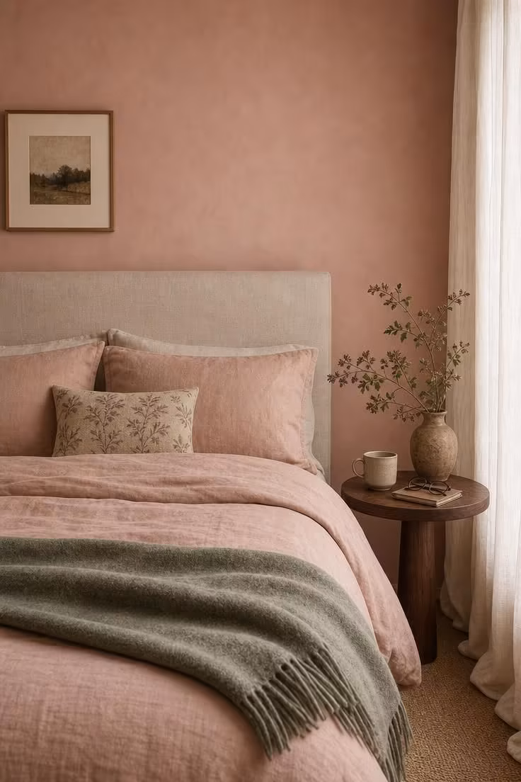 The Best Colors for Bedroom Walls That Actually Make a Space Feel Calmer 4 A bedroom with muted dusty rose walls and blush linen bedding in soft diffused light, with a natural linen headboard.