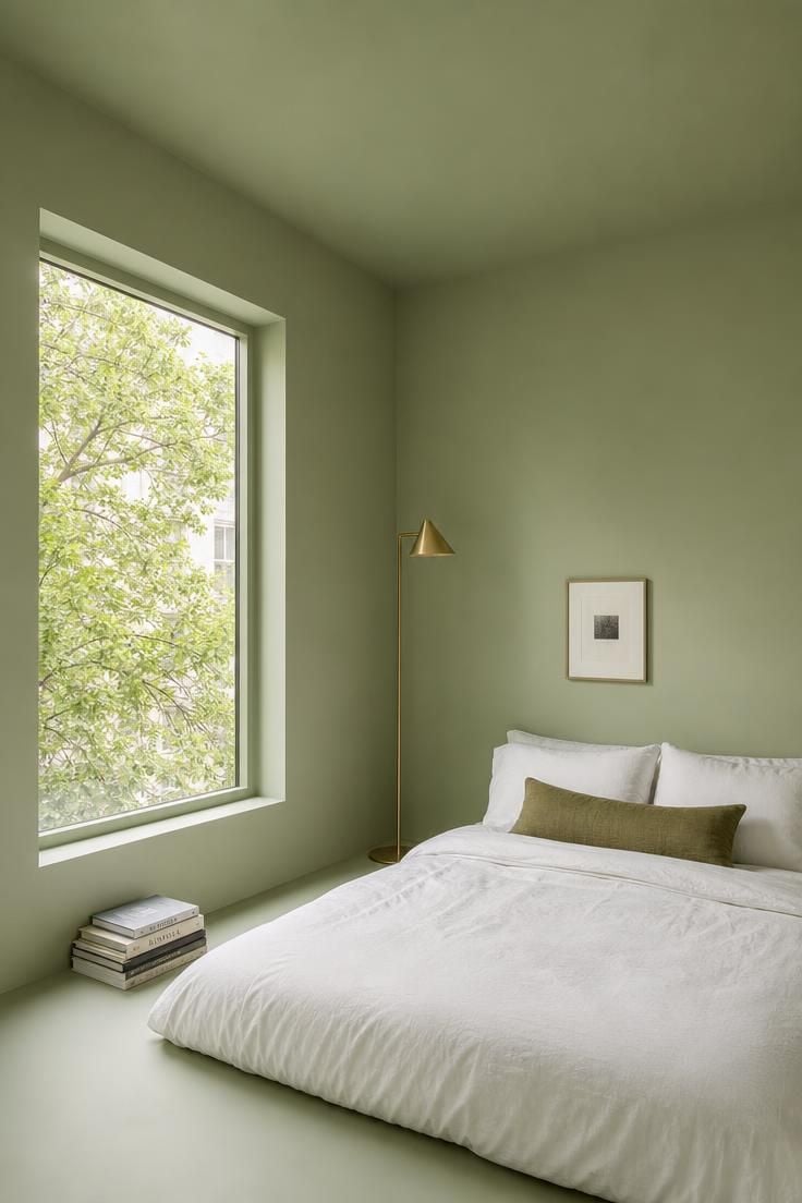 Small bedroom with walls, ceiling, and trim all painted the same soft sage green under bright midday light, creating a boundary-free monochromatic effect that makes the room feel larger.