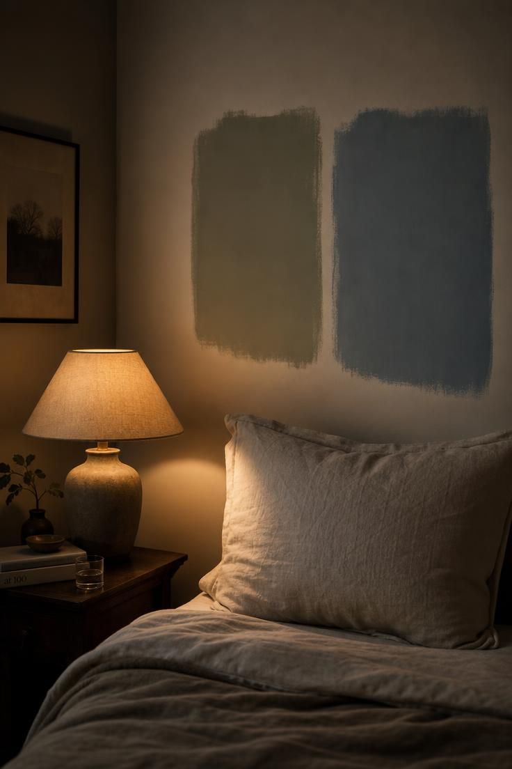The Best Colors for Bedroom Walls That Actually Make a Space Feel Calmer 6 Two large paint swatches in sage and dusty blue painted on a bedroom wall beside a bed, lit by a single warm bedside lamp in the evening.