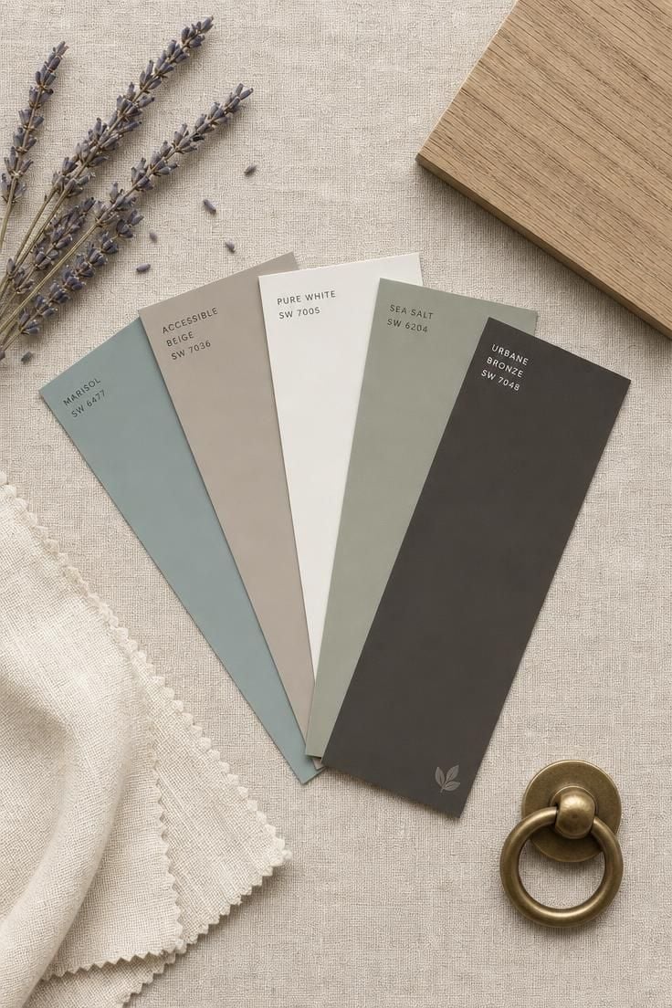 Overhead flat-lay of five paint swatches in blue-green, warm taupe, complex white, muted sage, and deep charcoal-brown fanned on a raw linen surface with dried lavender and brass accents.