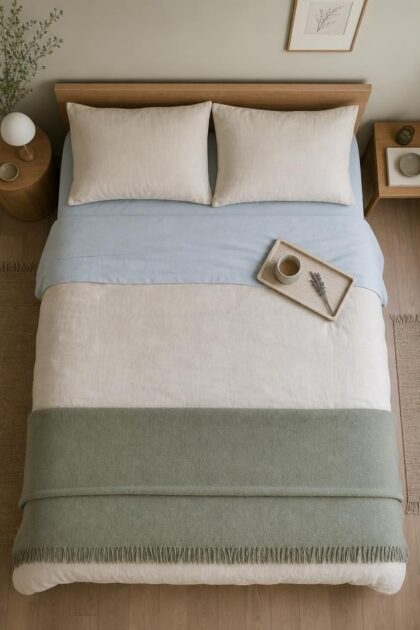 The Best Colors for Bedroom Walls That Actually Make a Space Feel Calmer An overhead view of a neatly made bed with pale blue and sage bedding on neutral linen, with a small oak tray holding a ceramic cup and dried lavender.