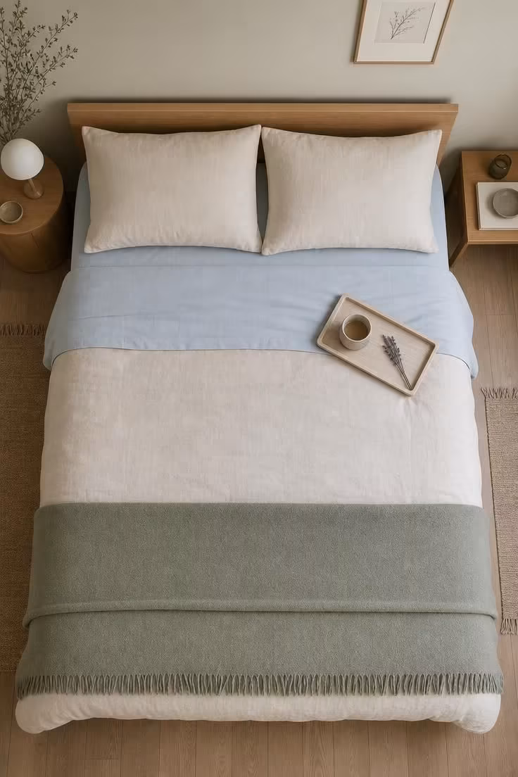 Simple Spaces 15 An overhead view of a neatly made bed with pale blue and sage bedding on neutral linen, with a small oak tray holding a ceramic cup and dried lavender.