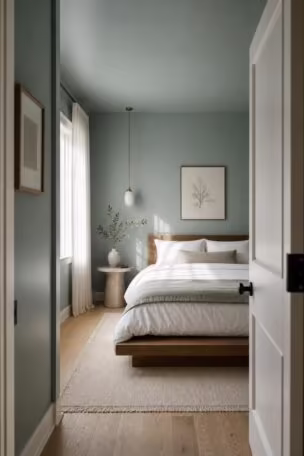 A small bedroom with soft blue-green walls and matching ceiling, white cotton bedding on a walnut platform bed, sheer curtains filtering morning light, and a brass pendant, showing how monochromatic color creates a spacious feel in a compact room.