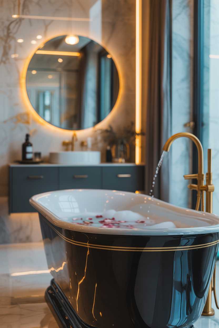 19 Elegant Black and Gold Bathroom Decor Ideas for Style 1 Modern black freestanding bathtub with gold trim accents, bubble bath with rose petals, and gold-framed mirror above dark gray vanity