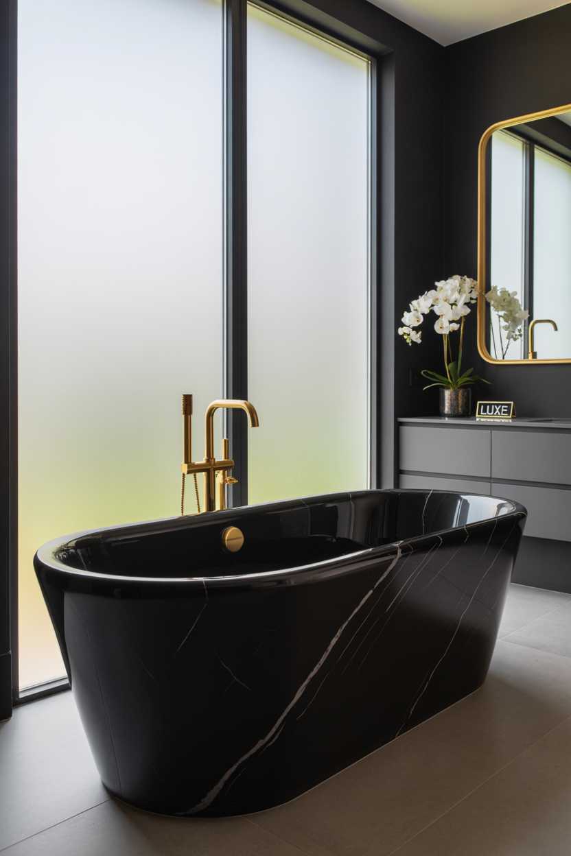 19 Elegant Black and Gold Bathroom Decor Ideas for Style 2 Minimalist bathroom with black marble freestanding bathtub, golden fixtures, light gray floor, and gold-framed mirror above vanity with white orchids