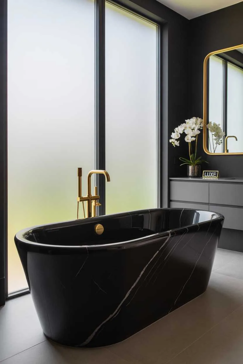 19 Elegant Black and Gold Bathroom Decor Ideas for Style 2 Minimalist bathroom with black marble freestanding bathtub, golden fixtures, light gray floor, and gold-framed mirror above vanity with white orchids