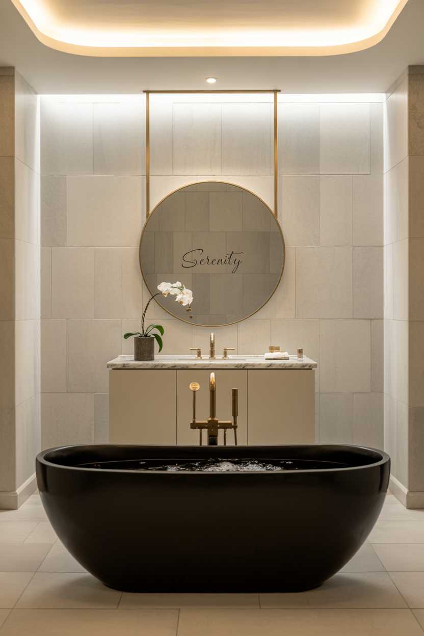 19 Elegant Black and Gold Bathroom Decor Ideas for Style 3 Luxurious bathroom with black freestanding bathtub, gold fixtures, and large round gold-framed mirror displaying "Serenity" above minimalist vanity