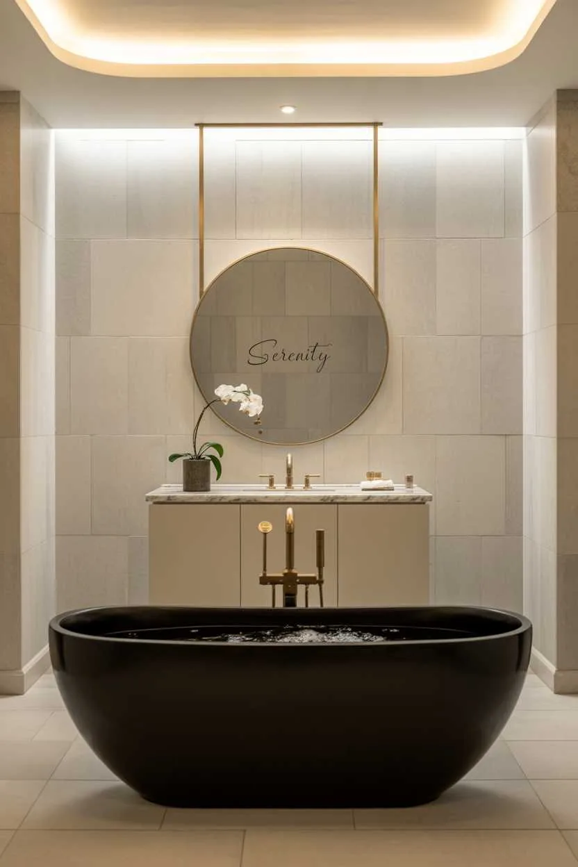 19 Elegant Black and Gold Bathroom Decor Ideas for Style 3 Luxurious bathroom with black freestanding bathtub, gold fixtures, and large round gold-framed mirror displaying "Serenity" above minimalist vanity