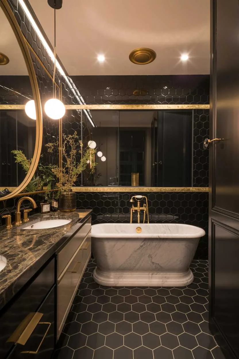 19 Elegant Black and Gold Bathroom Decor Ideas for Style 4 Luxury bathroom with black marble freestanding bathtub, gold faucet, round mirror above dark marble vanity, and black hexagonal tiles