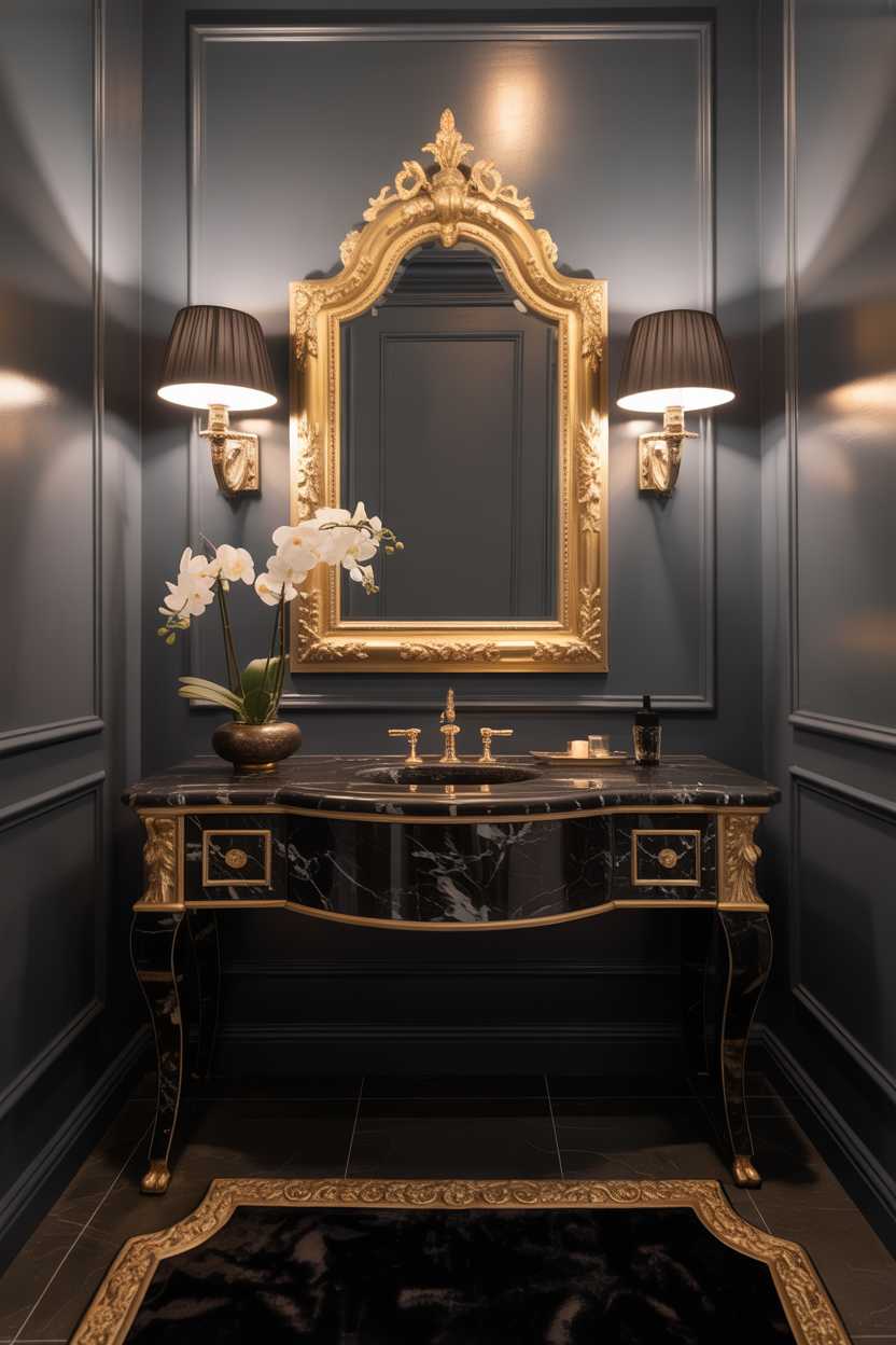 19 Elegant Black and Gold Bathroom Decor Ideas for Style 5 Luxury bathroom with black marble vanity, large ornate gold mirror, black sconce, and white orchids on deep charcoal gray walls