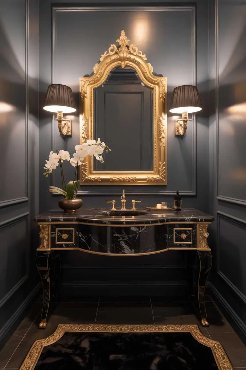 19 Elegant Black and Gold Bathroom Decor Ideas for Style 5 Luxury bathroom with black marble vanity, large ornate gold mirror, black sconce, and white orchids on deep charcoal gray walls