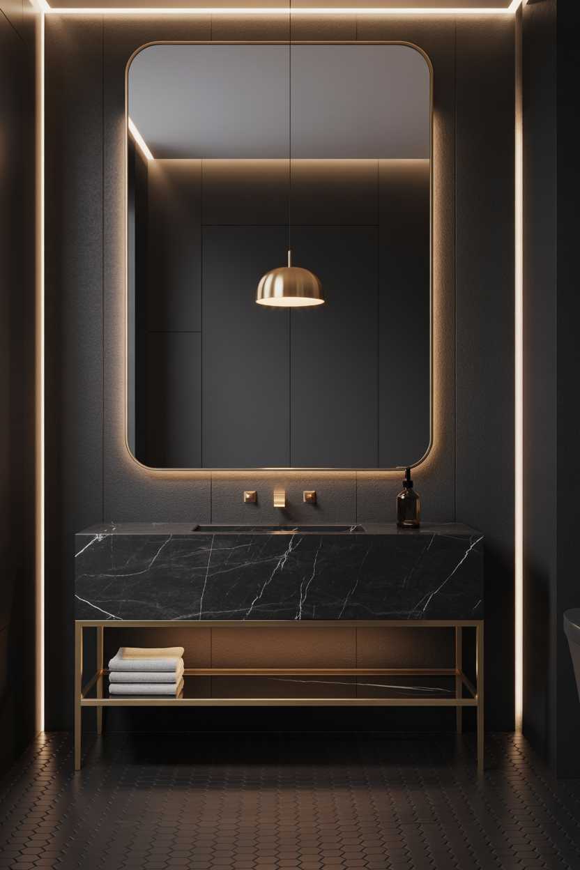 19 Elegant Black and Gold Bathroom Decor Ideas for Style 6 Sleek minimalist bathroom with rectangular gold-framed mirror, black marble vanity, gold pendant light, and dark gray hexagonal tiles