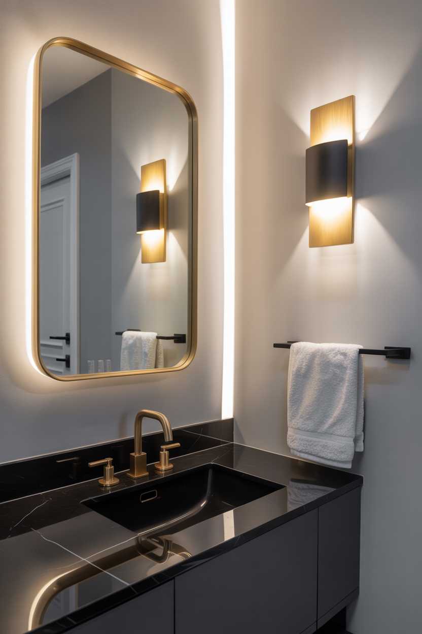 19 Elegant Black and Gold Bathroom Decor Ideas for Style 7 Modern bathroom with rectangular gold-framed mirror, black marble countertop, gold faucet, soft gray walls, and black and gold wall sconce