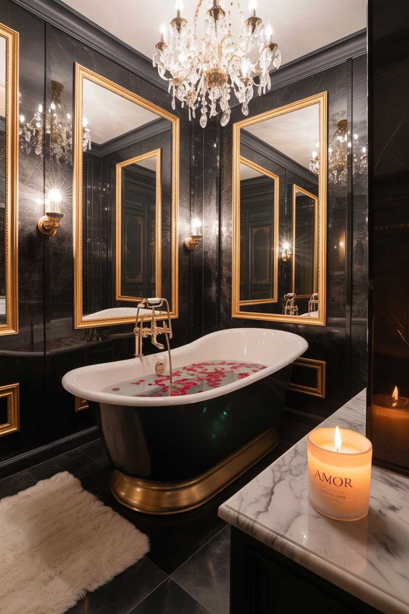 19 Elegant Black and Gold Bathroom Decor Ideas for Style 8 Opulent bathroom with black freestanding tub with gold accents, rose petals in warm water, dark grey marble tiles, and gold-framed mirrors