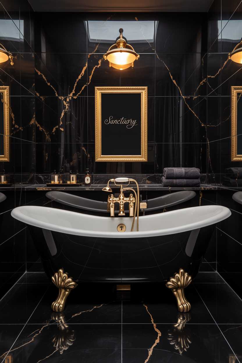19 Elegant Black and Gold Bathroom Decor Ideas for Style 9 Luxurious bathroom with white freestanding tub, gold fixtures, black marble tiles with gold veining, vintage brass sconce, and gold-framed "Sanctuary" mirror
