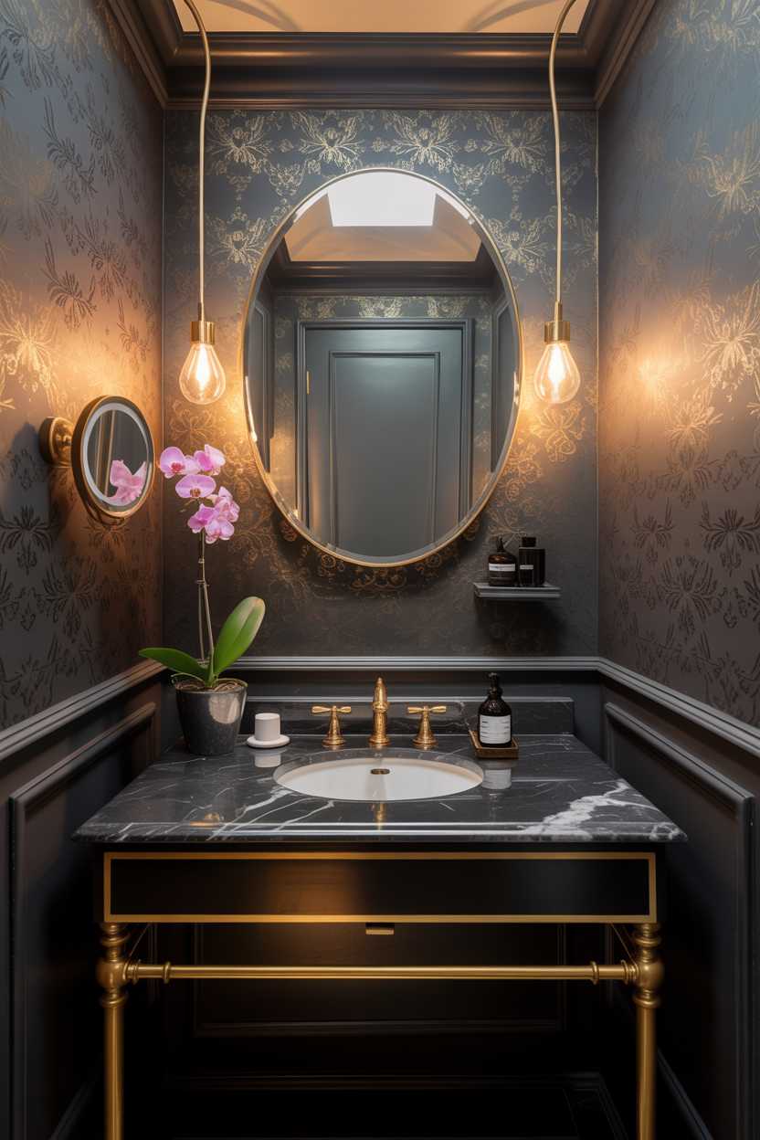 19 Elegant Black and Gold Bathroom Decor Ideas for Style 10 Small luxury bathroom with rectangular vanity, marble countertop, brass fixtures, round gold-framed mirror, and dark gray patterned wallpaper