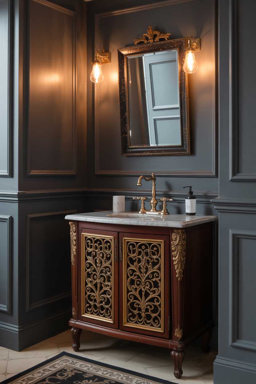 19 Elegant Black and Gold Bathroom Decor Ideas for Style 11 Ornate small bathroom with dark mahogany vanity featuring gold filigree design, marble countertop, vintage brass faucet, and antique-style mirror