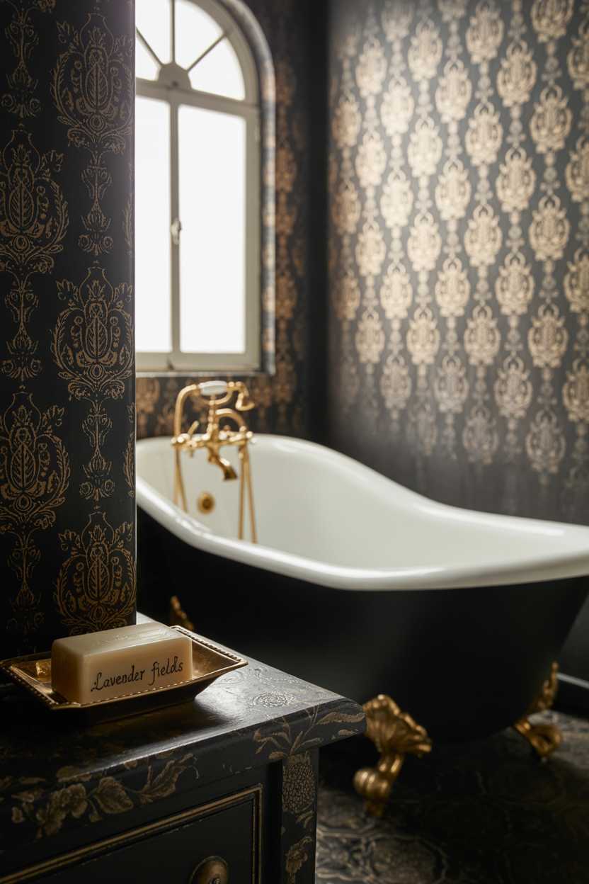 19 Elegant Black and Gold Bathroom Decor Ideas for Style 12 Opulent bathroom with vintage clawfoot tub, gold fixtures, black and gold patterned wallpaper, small vanity with "LAVENDER FIELDS" soap dish, and arched window