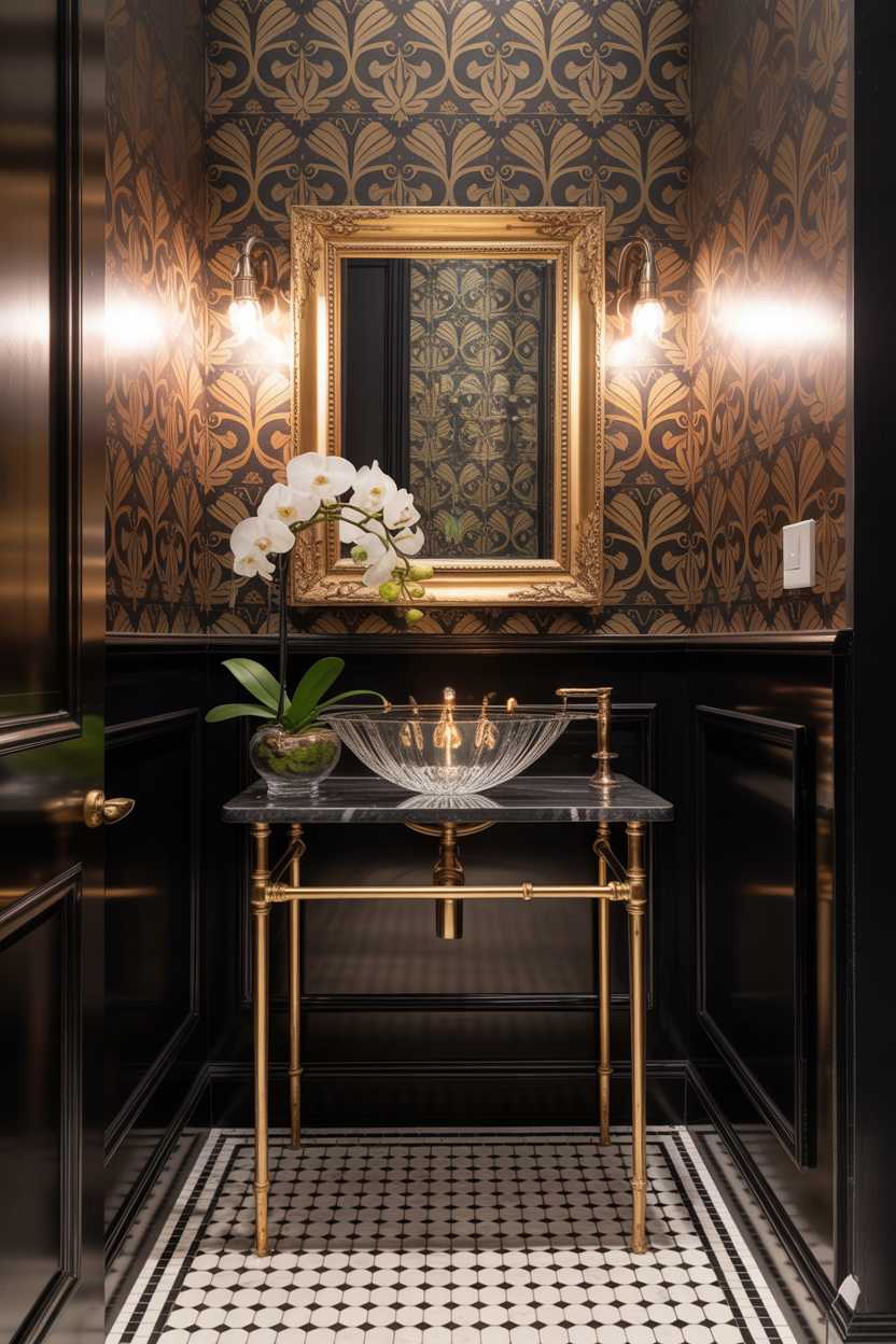 19 Elegant Black and Gold Bathroom Decor Ideas for Style 13 Small elegant half bathroom with gold-framed mirror, black marble vanity, glass bowl with white orchids, black and gold patterned wallpaper, and mosaic floor