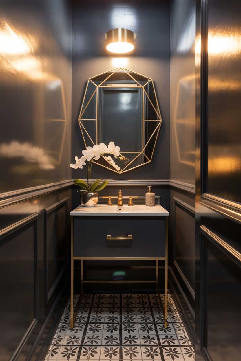 19 Elegant Black and Gold Bathroom Decor Ideas for Style 14 Stylish half bathroom with geometric gold-framed mirror, white vanity, white orchids, charcoal gray walls, and patterned black and white floor tile