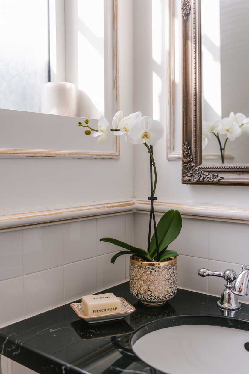 19 Elegant Black and Gold Bathroom Decor Ideas for Style 15 Small stylish half bathroom with white walls, gold trim accents, black marble countertop, vintage-style gold-framed mirror, and French soap dish