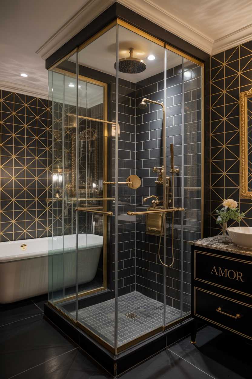 19 Elegant Black and Gold Bathroom Decor Ideas for Style 16 Luxury bathroom with black and gold decor, glass-enclosed shower with black tiles and gold fixtures, freestanding bathtub, and geometric gold patterns on walls