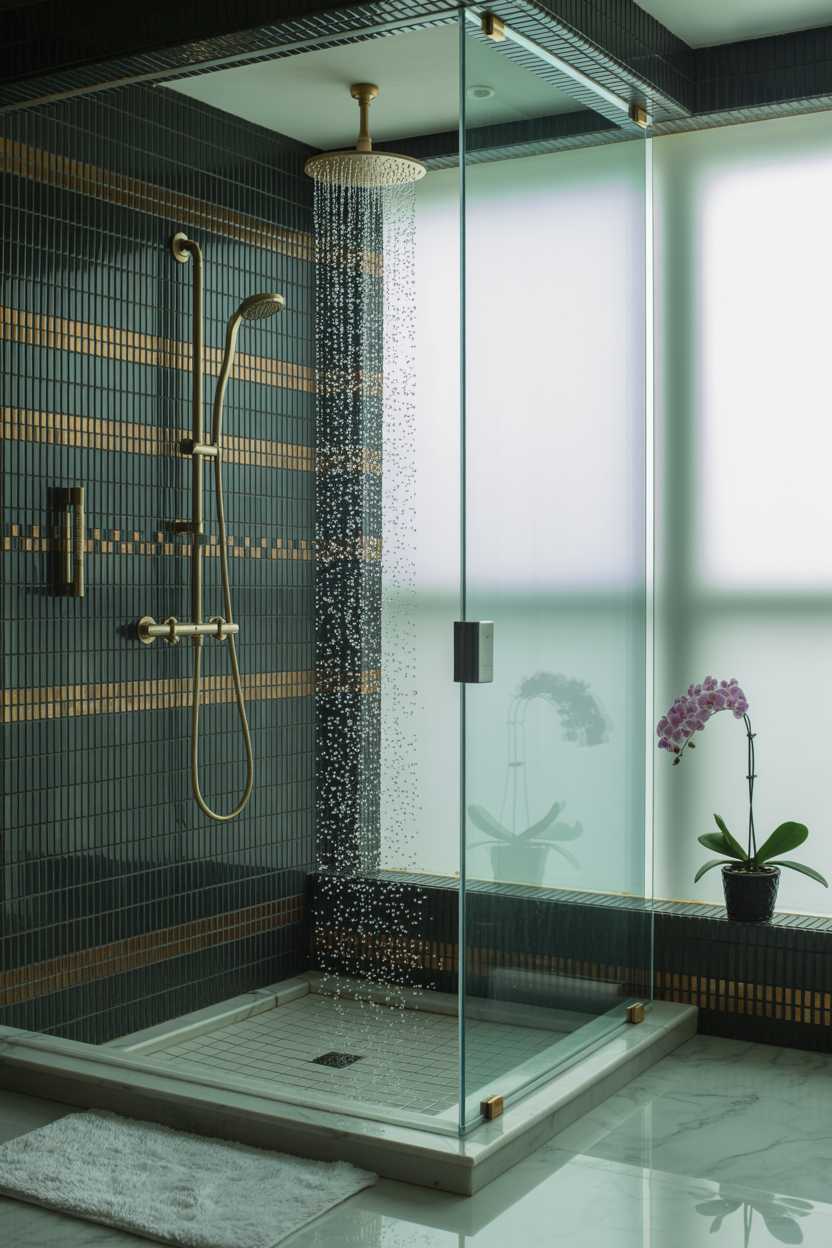 19 Elegant Black and Gold Bathroom Decor Ideas for Style 17 Luxury bathroom with glass-enclosed rain shower, black tiles with vertical gold stripes, freestanding gold faucet, white bath mat, and orchid