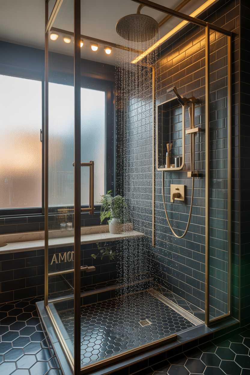 19 Elegant Black and Gold Bathroom Decor Ideas for Style 18 Luxury black and gold bathroom with glass shower enclosure, dark gray tiled walls with water droplets, hexagonal black and gold floor tiles, and gold-framed mirror with "amor" etching