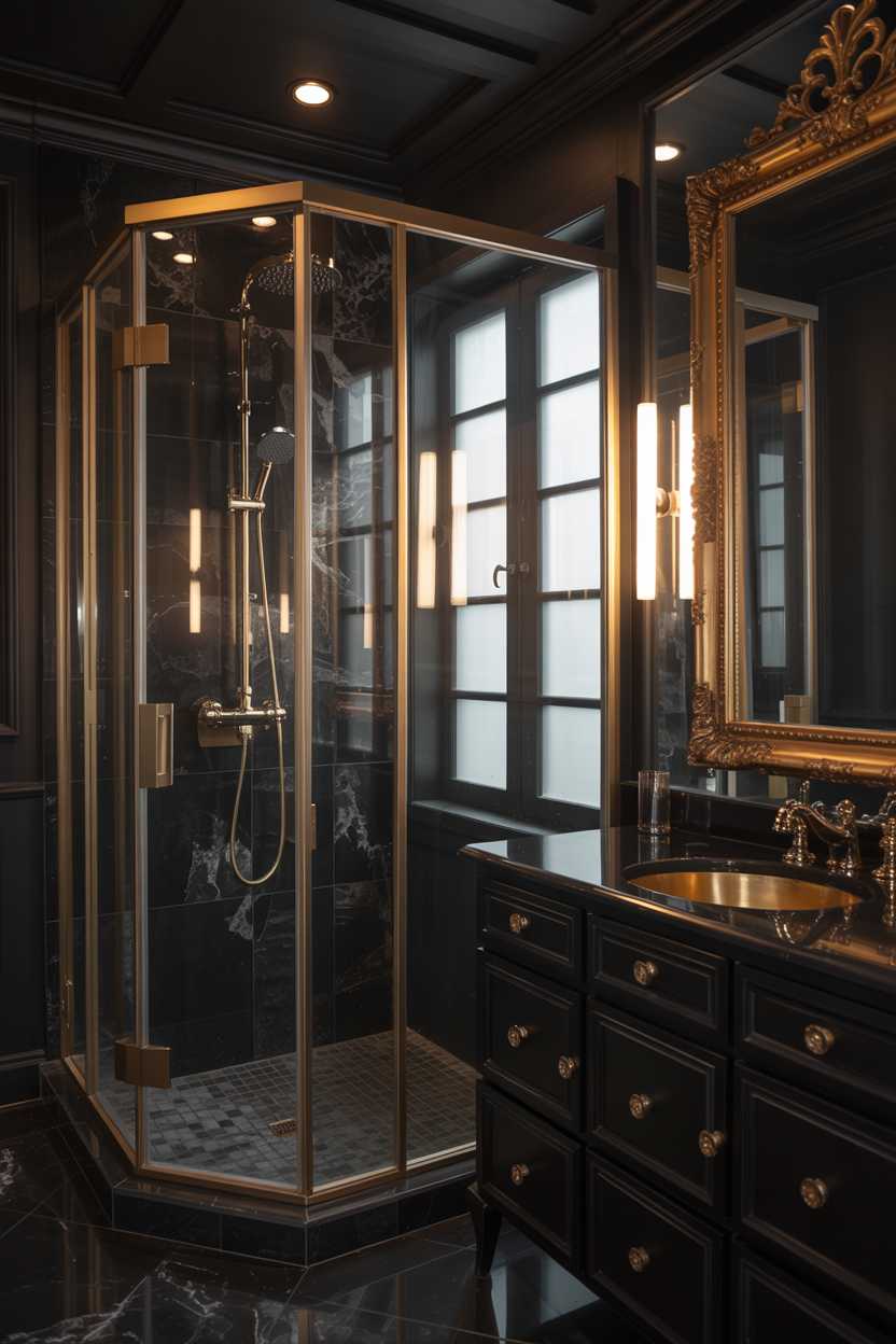 19 Elegant Black and Gold Bathroom Decor Ideas for Style 19 Luxury bathroom with black and gold decor, glass-enclosed shower with black marble tiles, gold trim, rainfall showerhead, and large ornate gold mirror