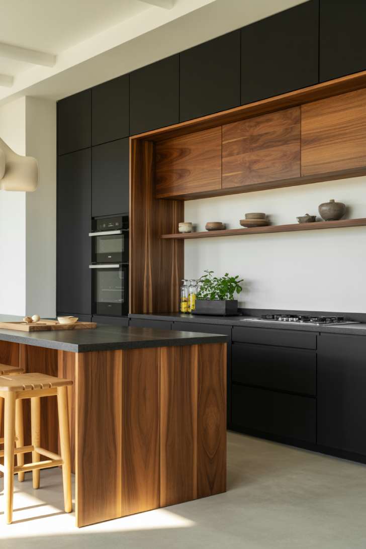 Modern black and wooden kitchen with contrasting cabinetry
