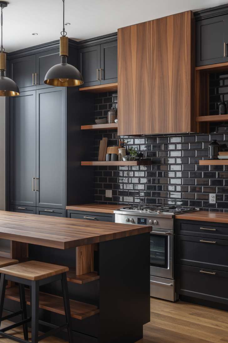 Contemporary black and wood kitchen featuring butcher block countertop