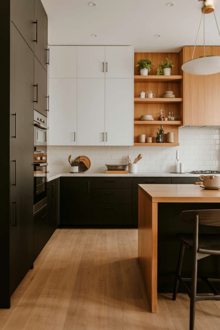 Black and wood kitchen with honey oak island and white accents