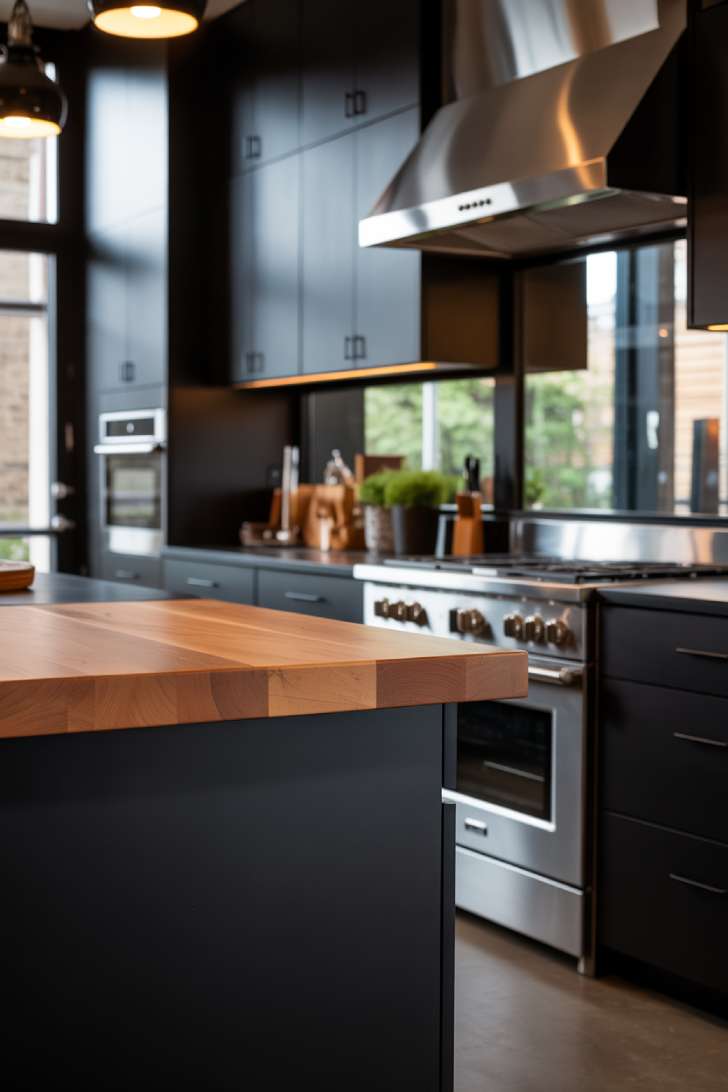 Sleek black and natural wood kitchen with live-edge countertop