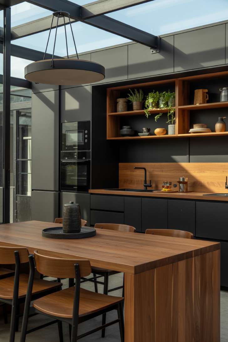 Black and wood kitchen with connected dining area