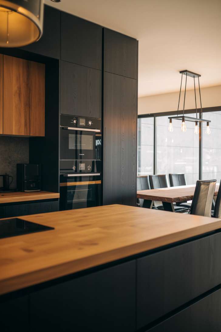 Sophisticated black and natural wood kitchen with dining zone