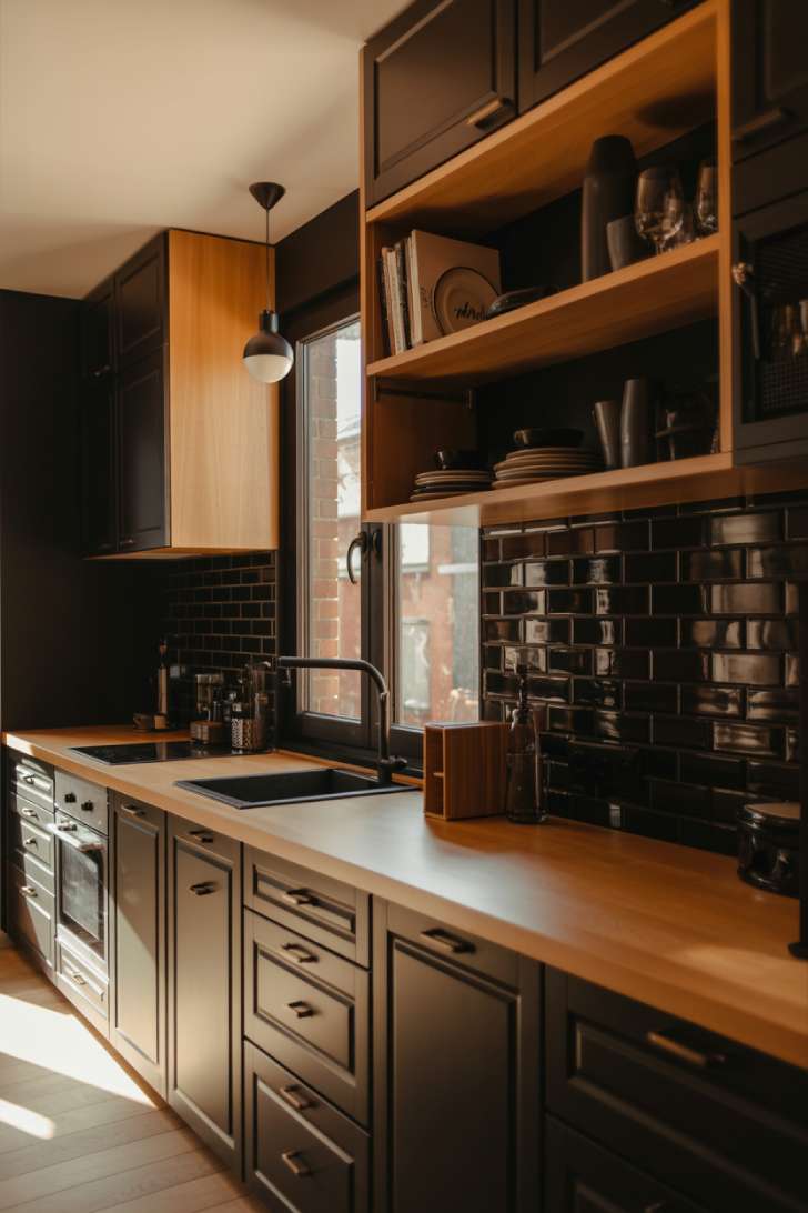 Small black and natural wood kitchen with brass hardware