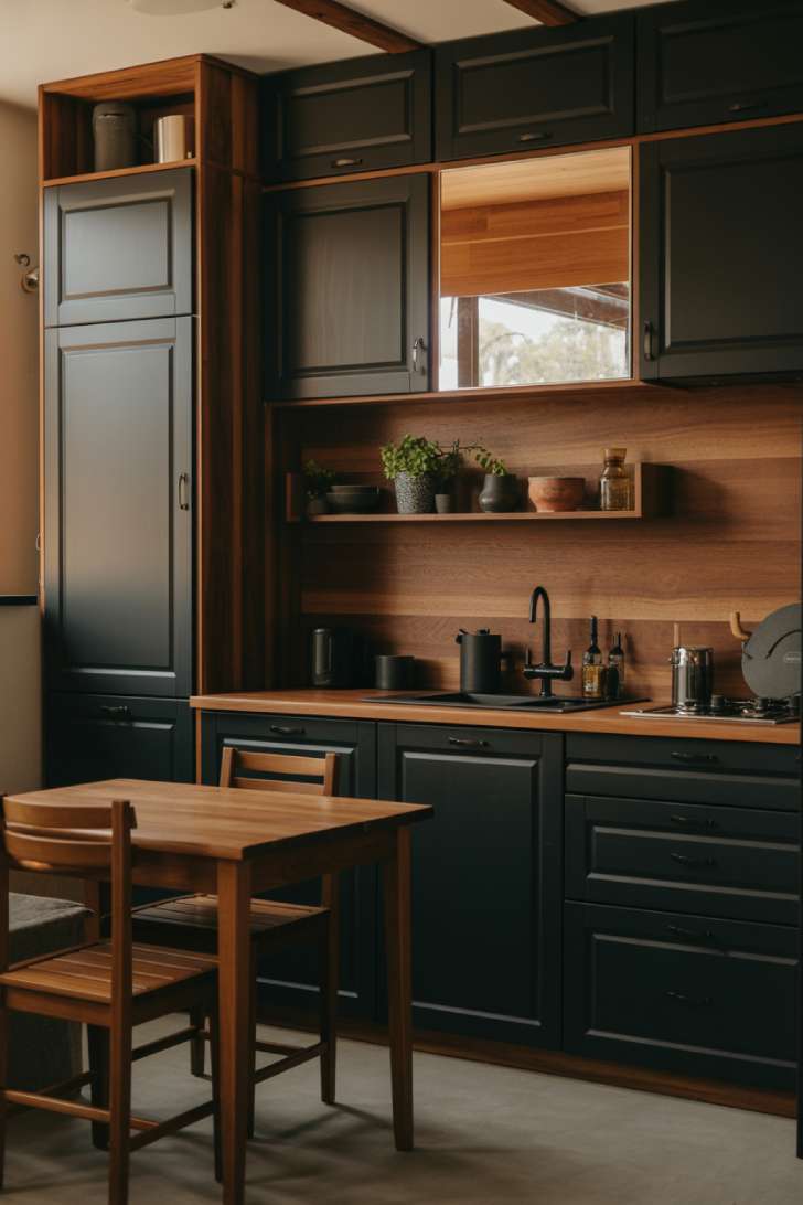Intimate black and wood kitchen with small dining table