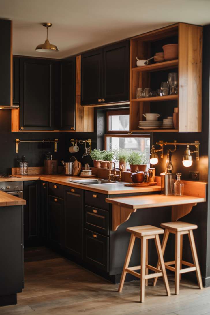 Cozy black and natural wood kitchen with breakfast bar