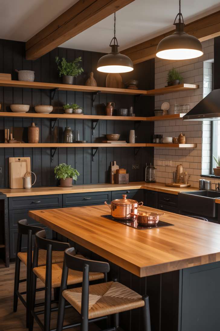 Inviting black and wood kitchen with overhead beams