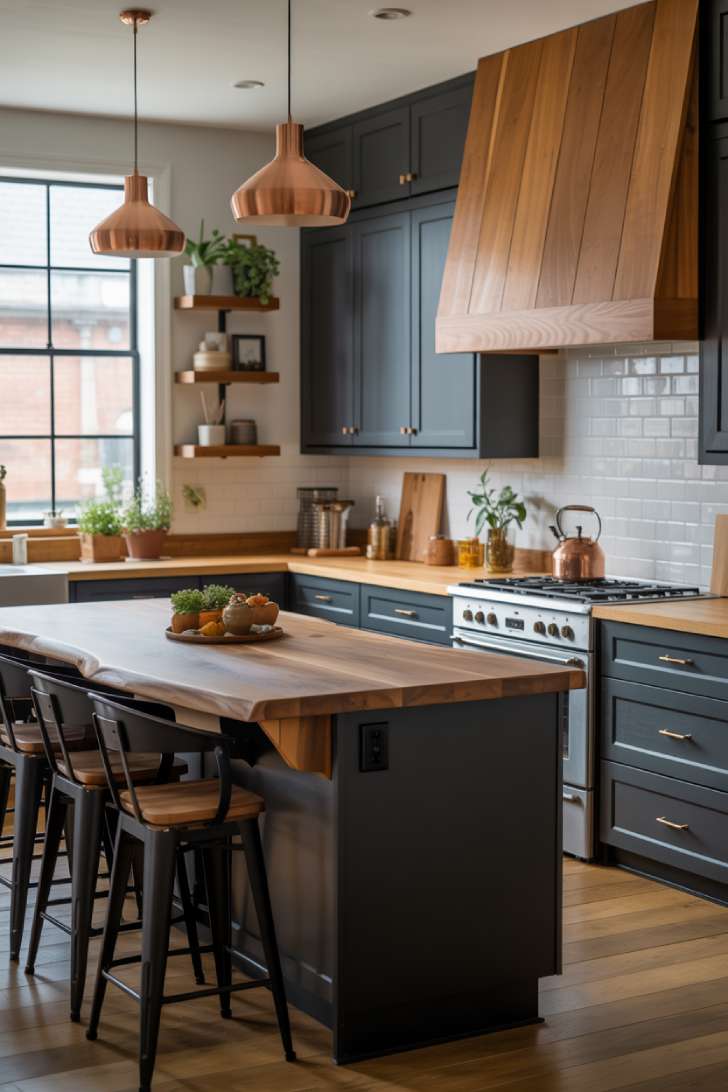 Spacious black and natural wood kitchen with copper lighting