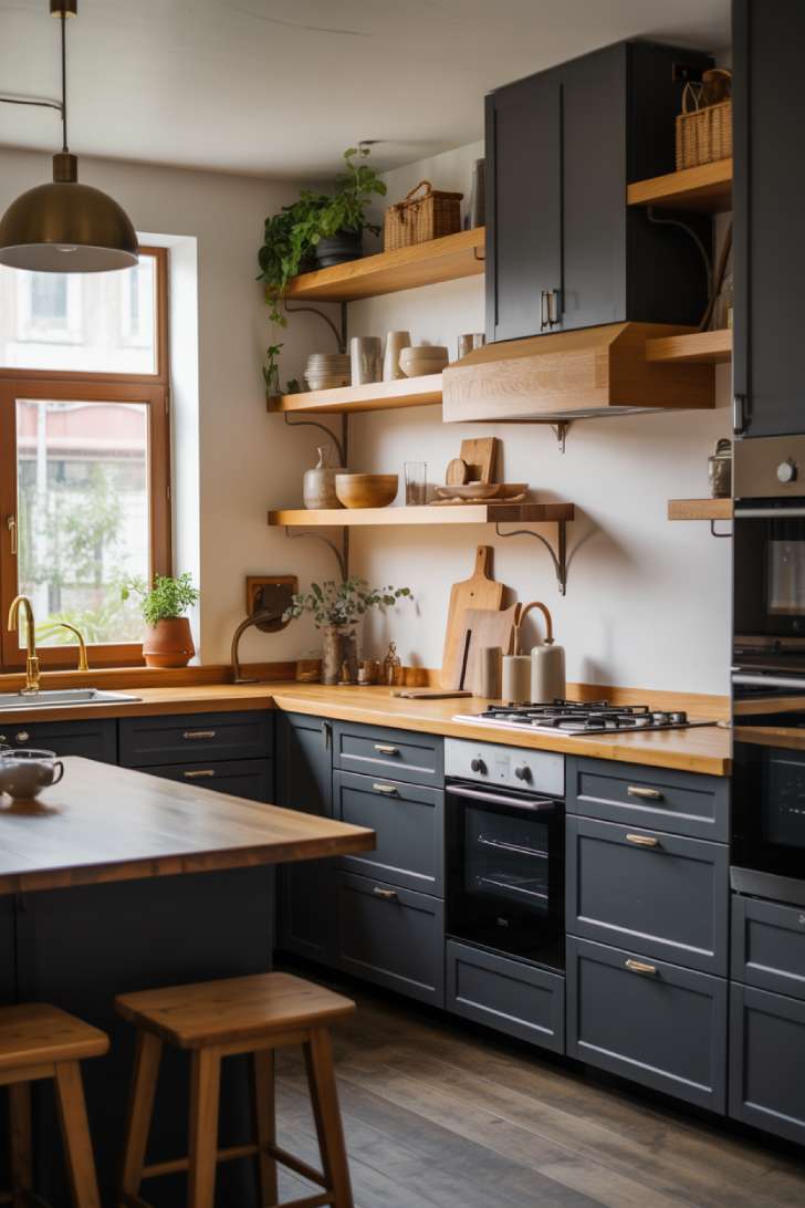 Harmonious black and wood kitchen with oak shelving