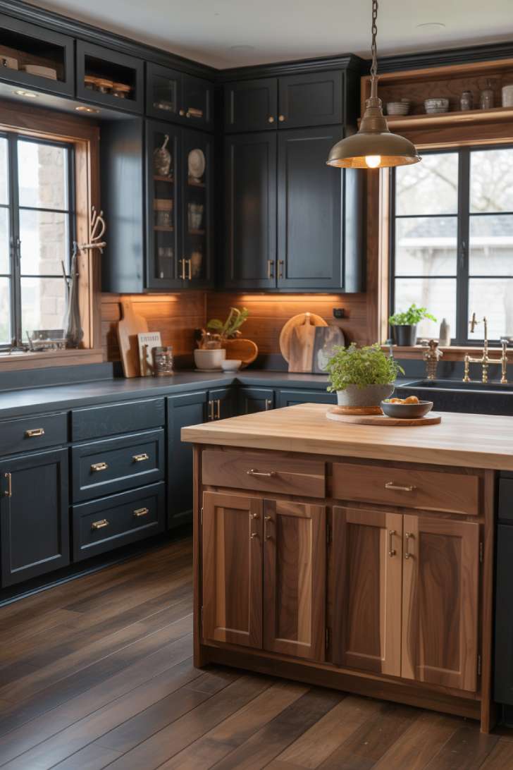 Farmhouse-inspired black and natural wood kitchen