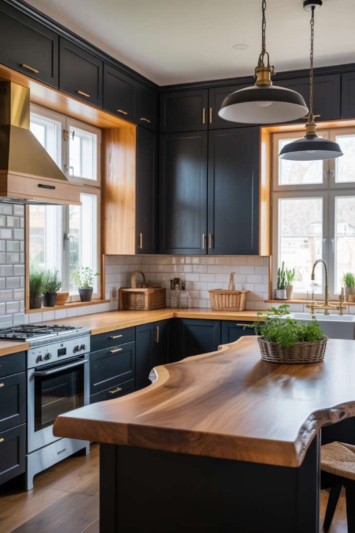 Contemporary black and wooden kitchen with live-edge island
