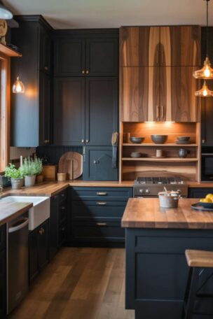 A black and natural wood kitchen