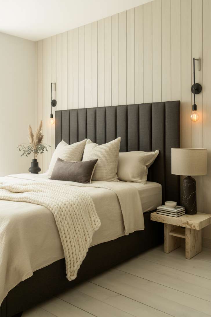 A serene primary bedroom with a dramatic matte black tufted platform bed, ivory linen bedding, and warm oak wood paneling