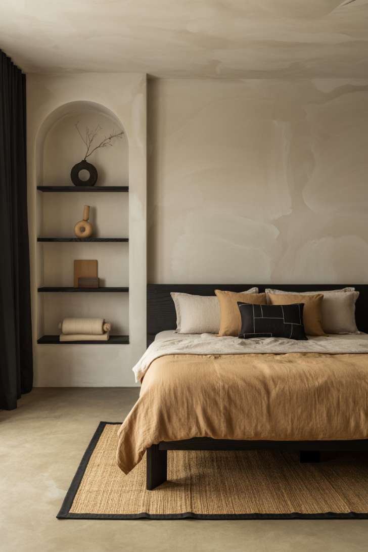 A Japandi-inspired bedroom with a low black-stained oak bed, wabi-sabi plaster walls, and polished concrete floors