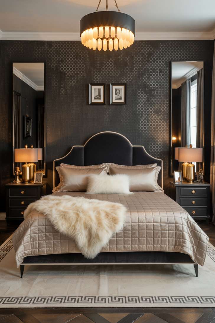 A glamorous bedroom with a curved charcoal velvet headboard, geometric black-and-cream wallpaper, champagne silk duvet, and brushed brass accents