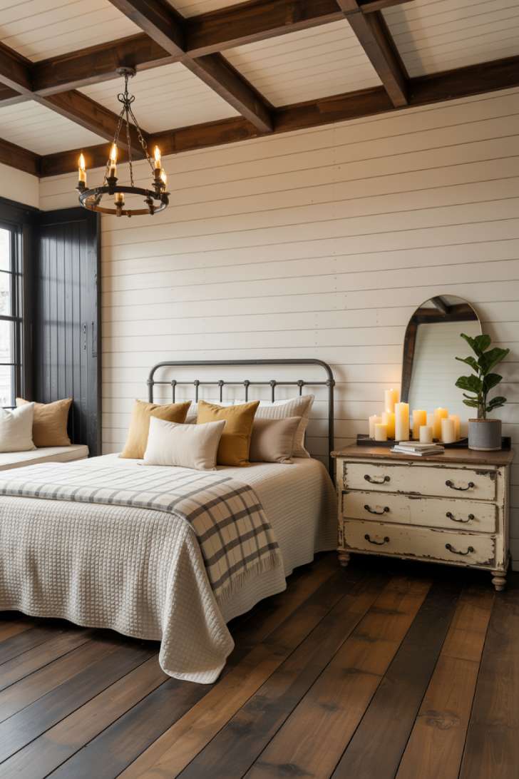 A cozy farmhouse bedroom with a wrought iron bed, shiplap walls, exposed dark ceiling beams, and layered cream and plaid bedding