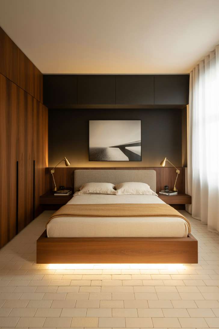 A sleek contemporary bedroom with a custom matte black built-in headboard wall, low walnut platform bed, and floor-to-ceiling wardrobe