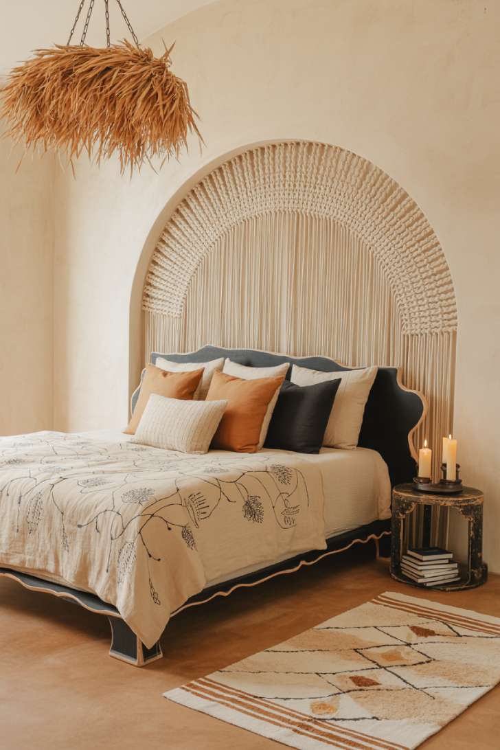 A boho-luxe bedroom with a macramé wall hanging, black-stained mango wood bed, block-printed duvet, and limewash plaster walls